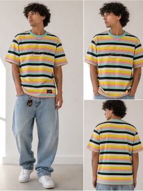 Reason Pastel Stripe Crewneck Tee in Mint, Pink, Teal, Yellow, Black